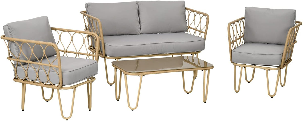 Set di mobili da giardino Outsunny, 4 pezzi, 2 posti, 4 divani, Giallo, rattan, per giardino e terrazzo