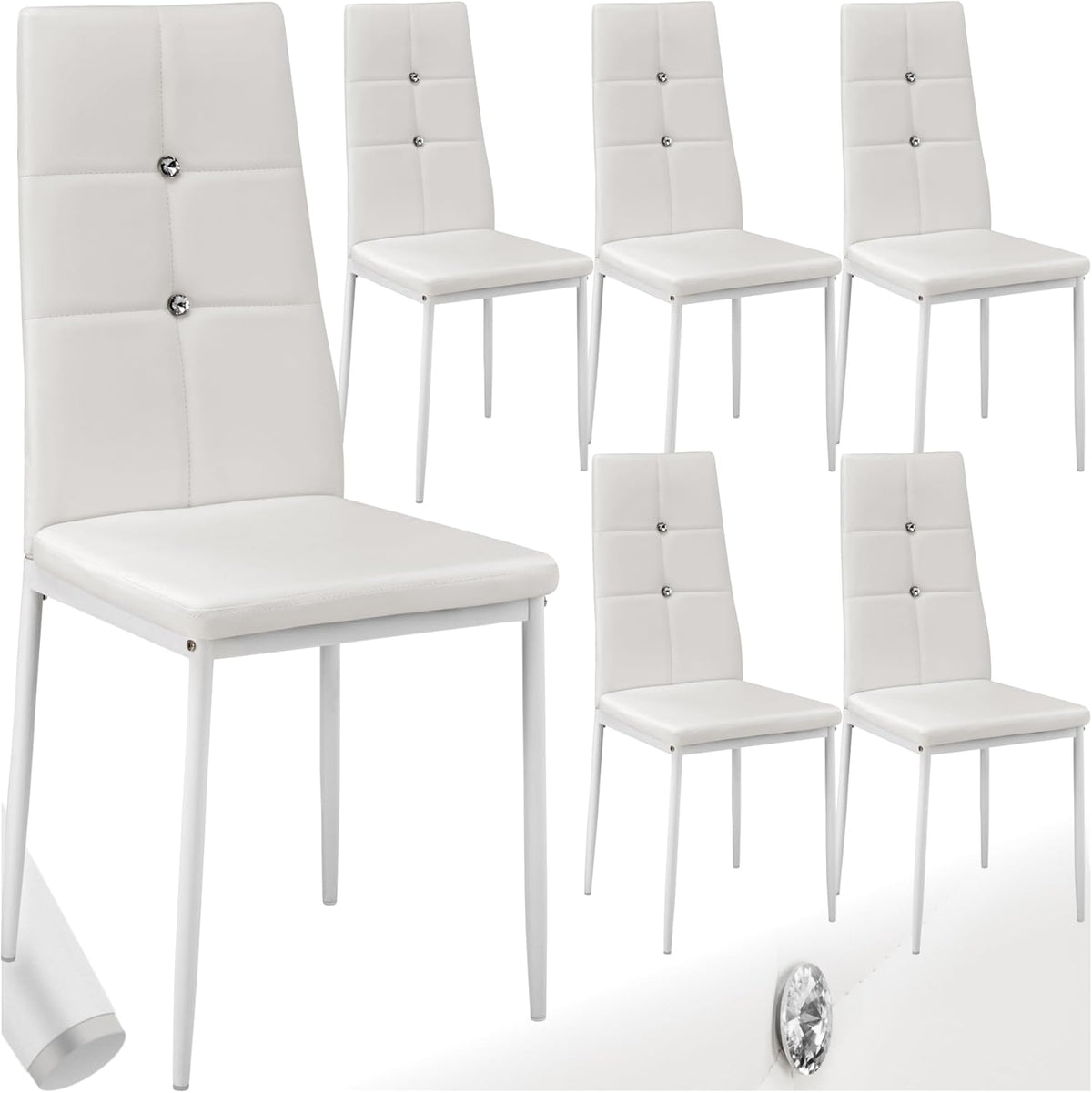 tectake Set di sedie da pranzo, Bianco, 6 sedie, acciaio, similpelle, per sala da pranzo e cucina