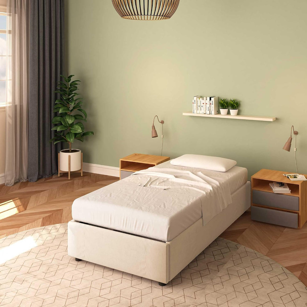 Letto Baldiflex, Cloe, con contenitore, con rete a doghe, 80 × 190 cm, singolo, Beige, tessuto, per camera da letto