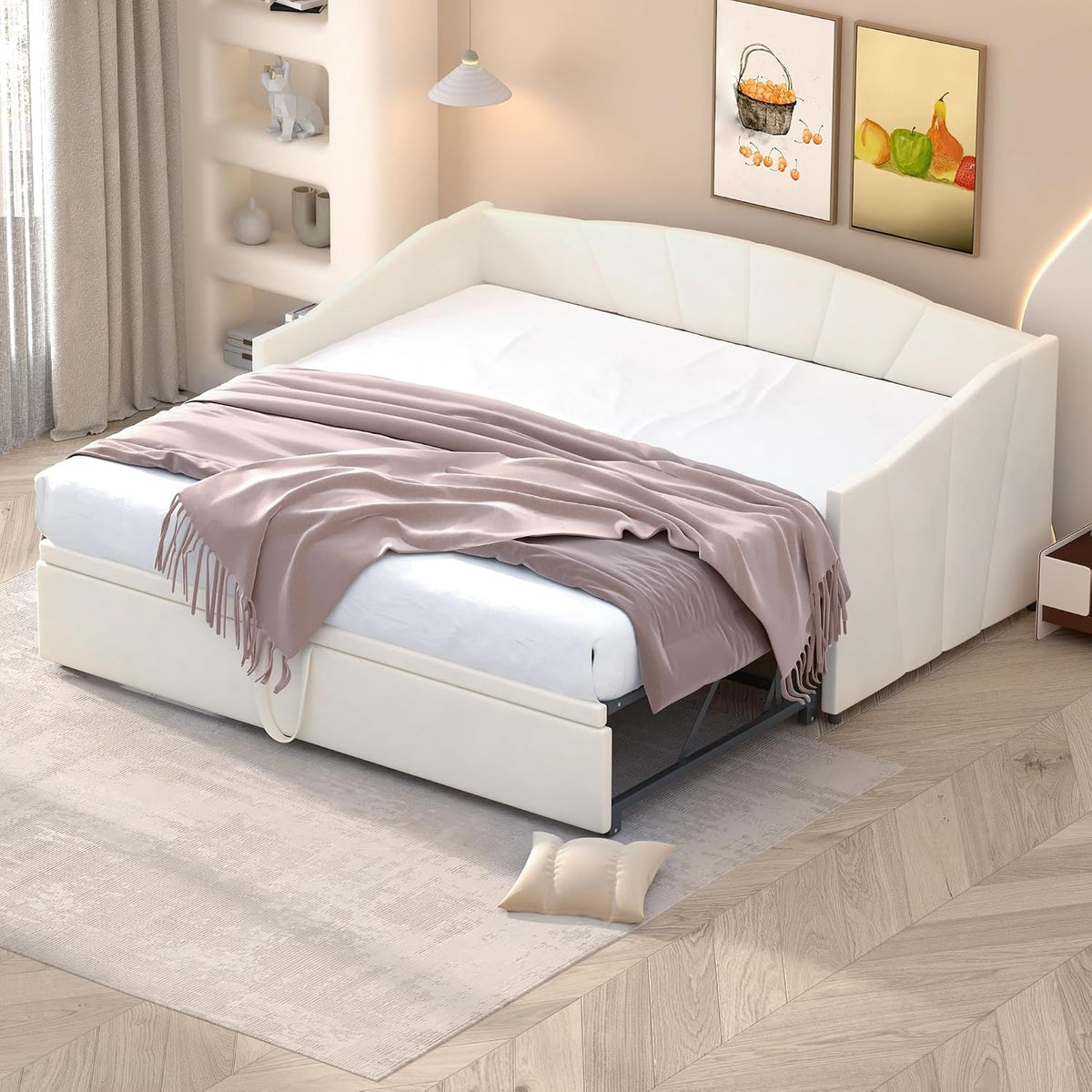 Divano letto Kelodan, Beige, 180 × 200 cm, velluto, tessuto, con rete a doghe, per soggiorno