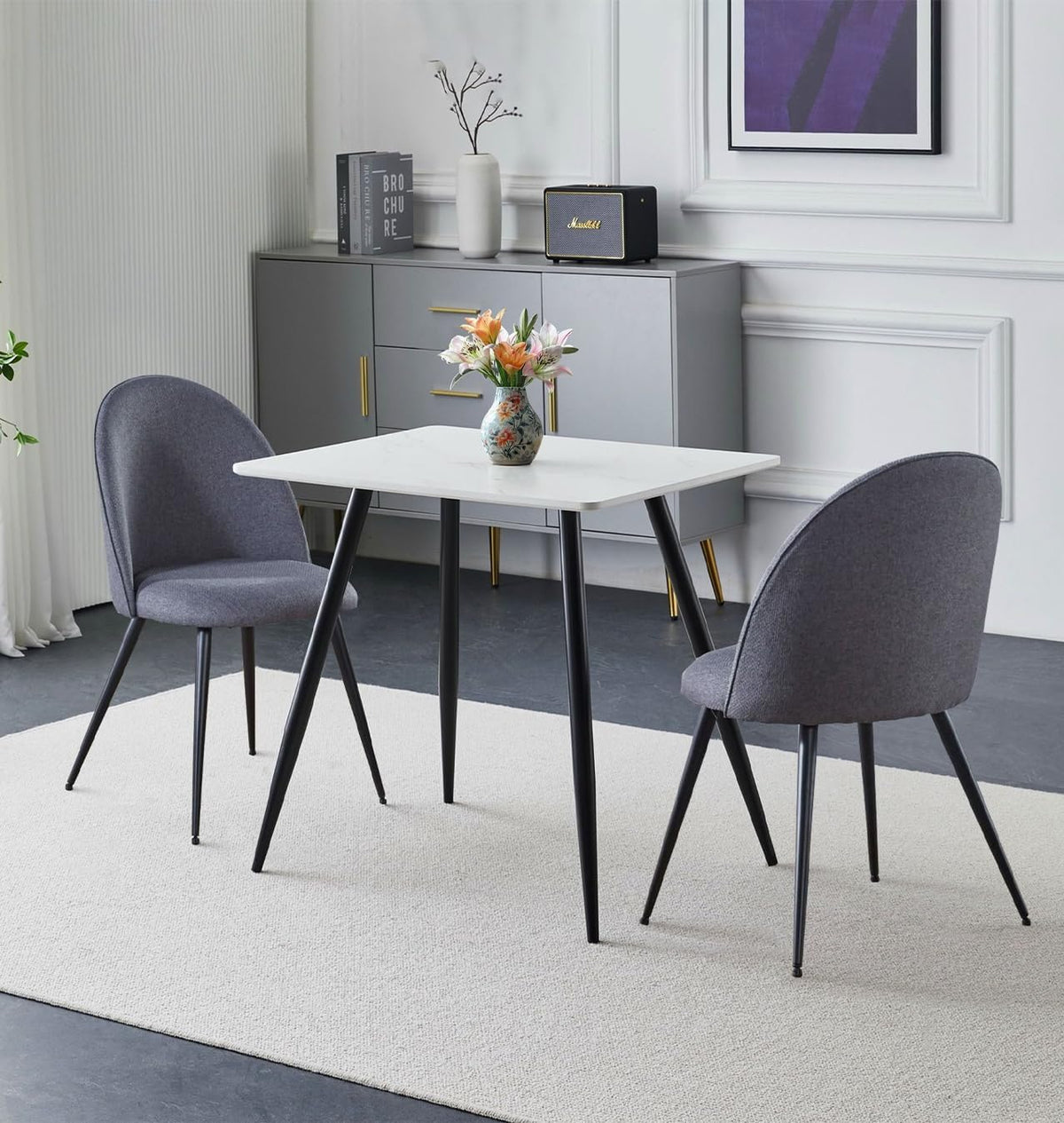 Hallowood Furniture Set da pranzo, 87 × 65 × 66 cm, Nero/Grigio, 2 sedie, metallo, tessuto, per sala da pranzo e cucina