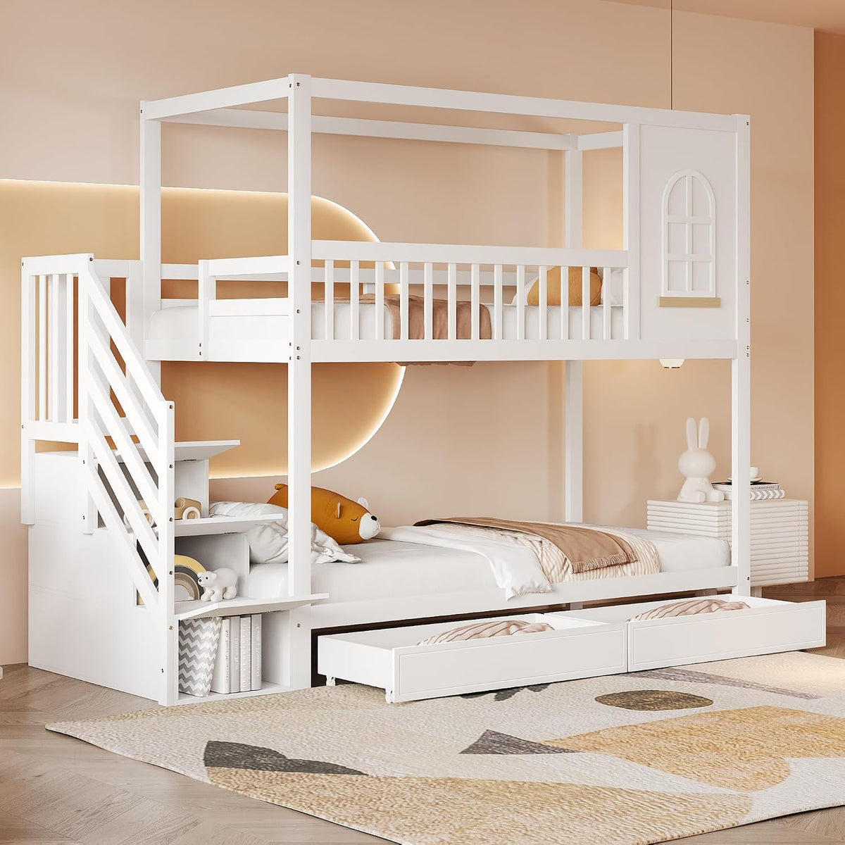 Letto a castello Huayz, 90 × 200 cm, matrimoniale, Bianco, legno, per camera da letto