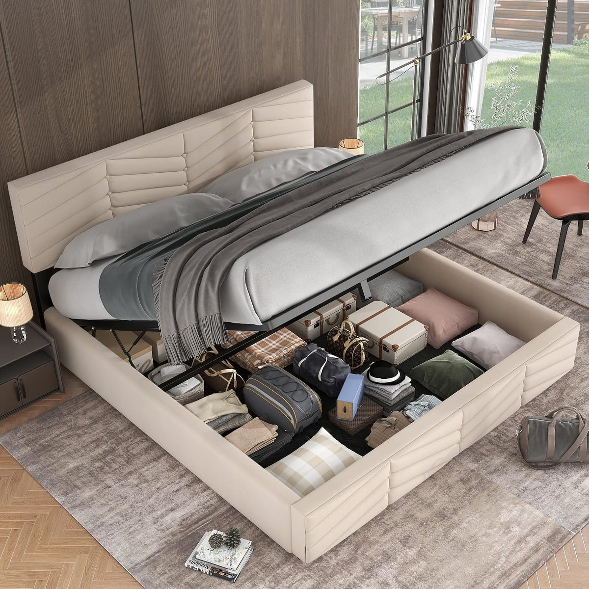 Oslghy Letto matrimoniale contenitore 160 × 200 cm, Beige, velluto, rete a doghe, testiera regolabile, senza materasso