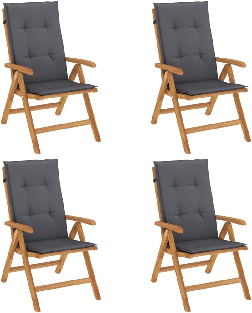 vidaXL Sedia, 4 pezzi, Teak, legno massello, reclinabile, pieghevole, con cuscini, per giardino e terrazzo
