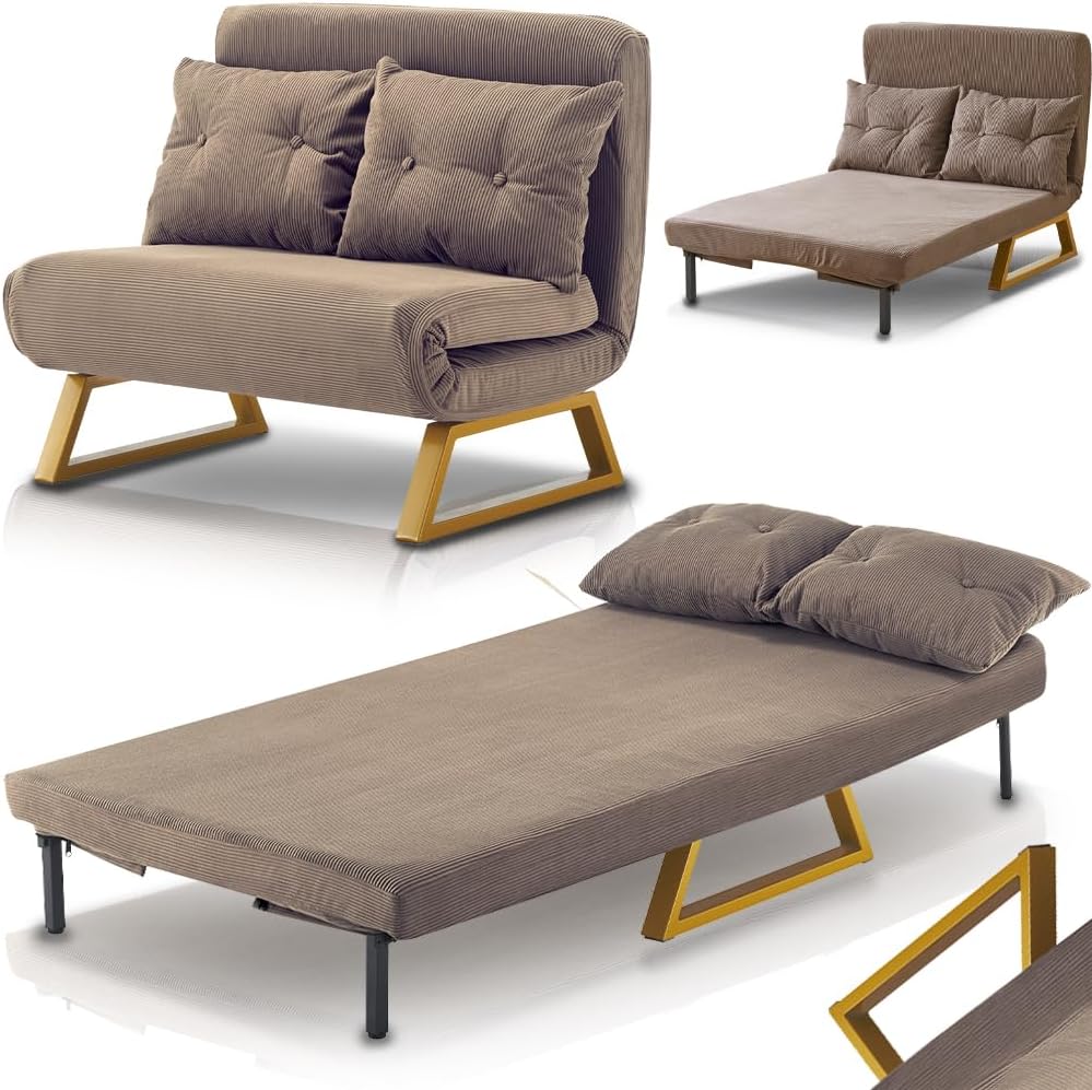 Divano letto Shally Dogan, 2 posti, 3 in 1, Marrone, velluto, con cuscini, trasformabile, reclinabile, imbottito, per soggiorno