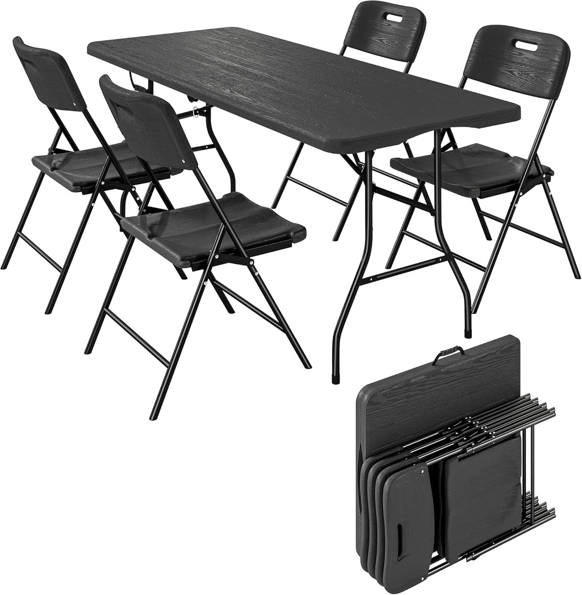 Set da pranzo Outsunny, Nero, 4 sedie, pieghevole, metallo, per giardino e terrazzo