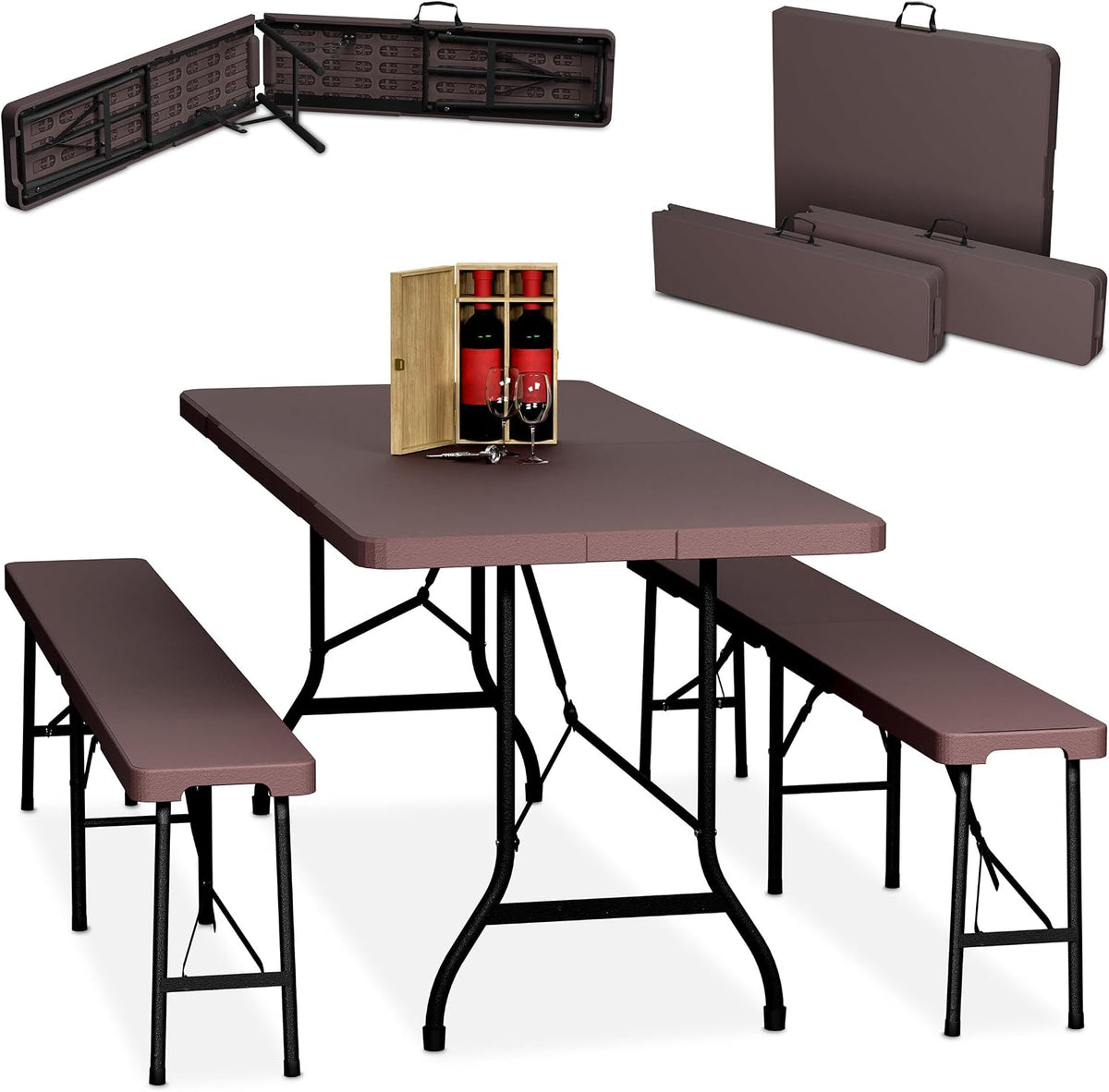 Relaxdays Set birreria pieghevole 3 pezzi, tavolo 180 × 74 cm e 2 panche 180 × 25 cm, PE e acciaio, Marrone