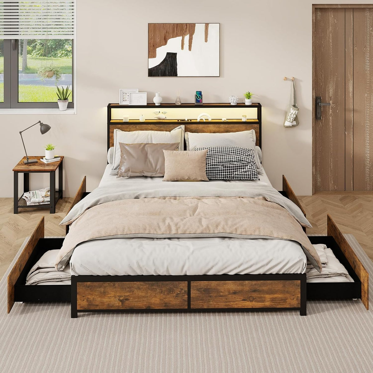 COSTWAY Letto, 160 × 200 cm, Marrone, 4 cassetti, matrimoniale, regolabile, con illuminazione LED, metallo, per camera da letto