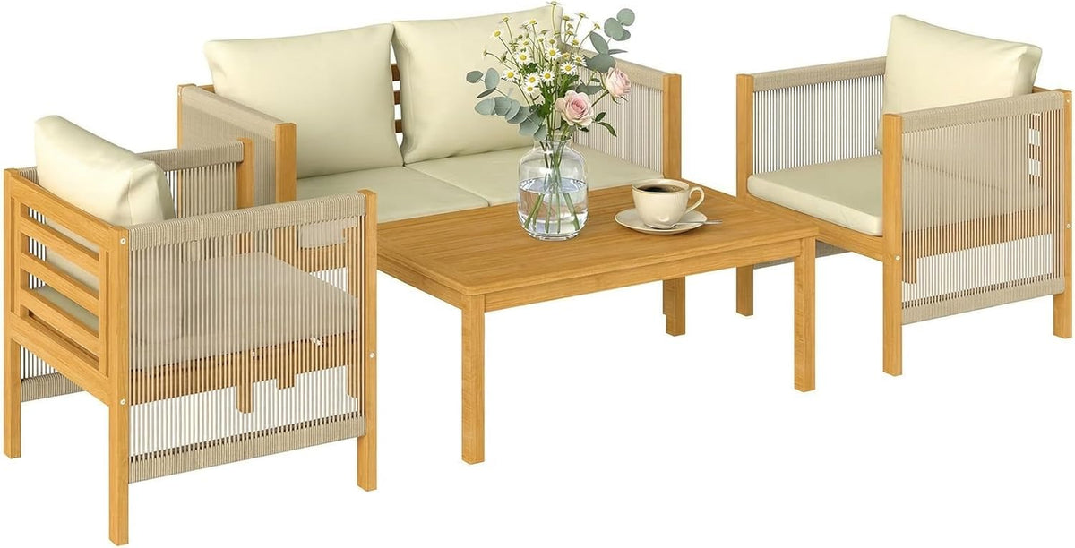 Set di mobili da giardino Outsunny, 4 pezzi, Beige/Naturale, legno, per giardino e terrazzo