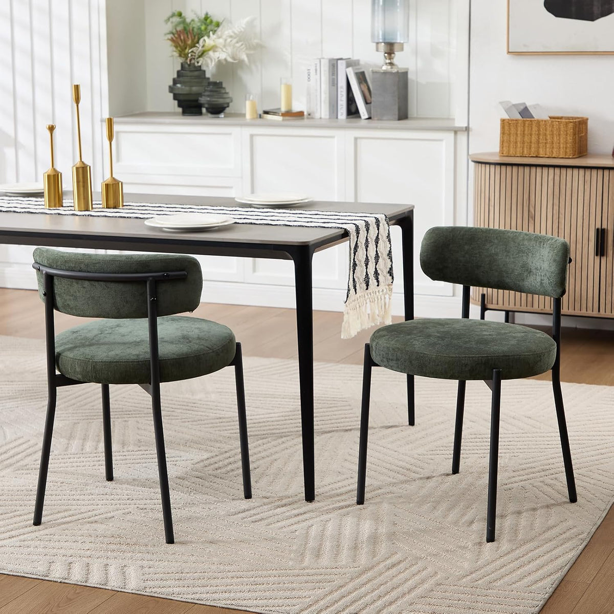 Set di sedie da pranzo KHISCHMO, 2 sedie, Verde, metallo, ciniglia, per sala da pranzo e cucina