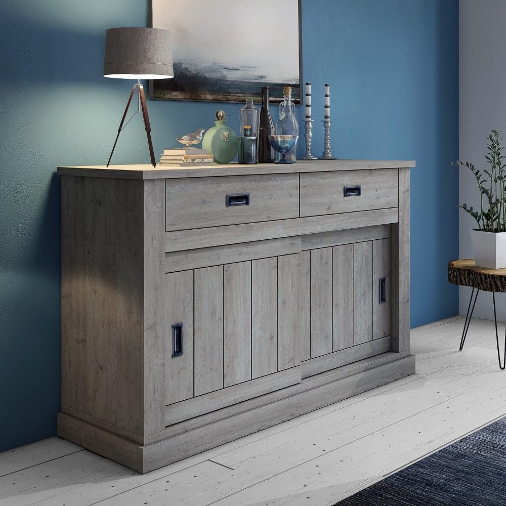 Credenza Indomita, 2 cassetti, 2 ante, Rovere, con ante scorrevoli, per soggiorno