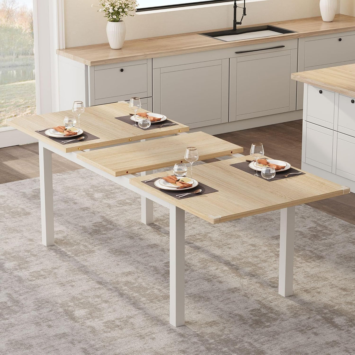 Set da pranzo Crevyteg, 120 × 76,5 × 70 cm, 106,9 × 30 × 46,5 cm, Naturale/Bianco, 2 sgabelli, allungabile, legno, MDF, per ufficio