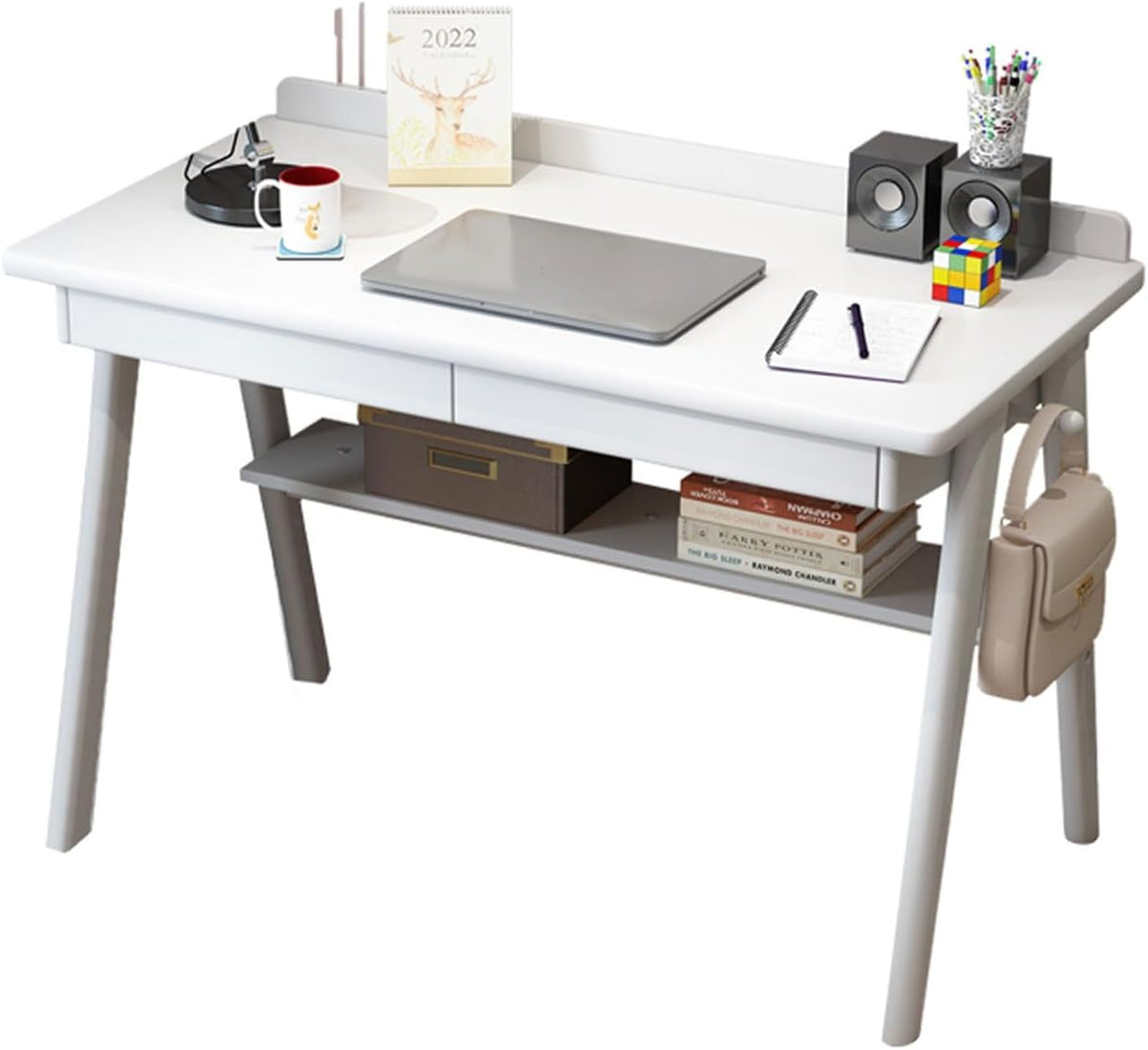 Scrivania, 120 cm, 2 cassetti, Bianco, legno massello, per ufficio