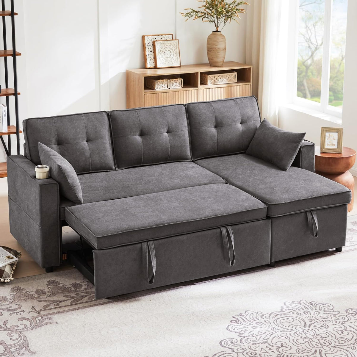 Azkoeesy Divano letto, 3 posti, 211 × 130 × 86 cm, Grigio, lino, trasformabile, per soggiorno
