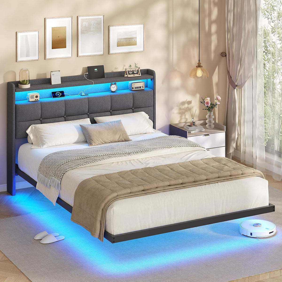 Struttura letto AOGLLATI, con porta USB, imbottito, 140 × 200 cm, matrimoniale, Grigio scuro, metallo, con testiera, materasso non incluso