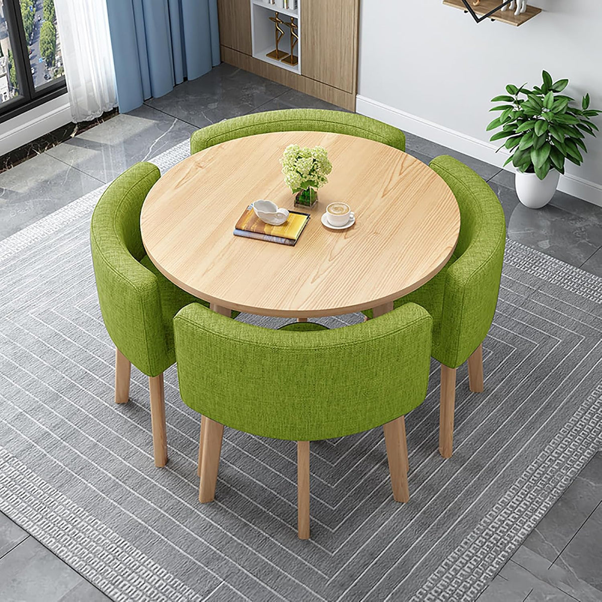 Set tavolo rotondo in legno con 4 sedie imbottite, gambe in metallo, per sala da pranzo e ufficio