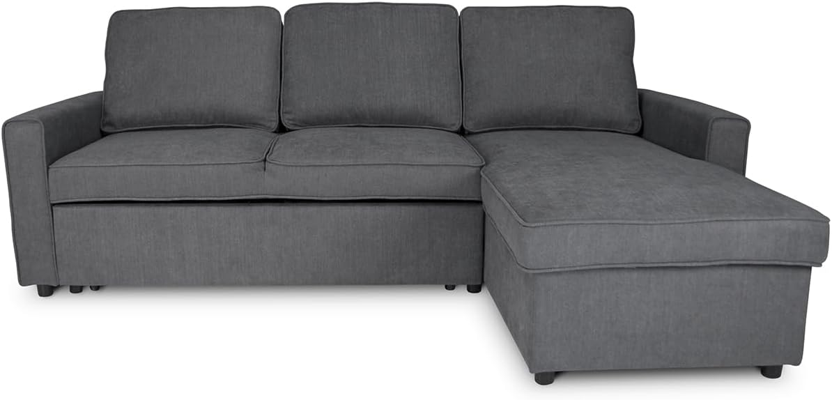 SAMIRA Divano letto, Kennedy, 198 × 132 cm, Grigio scuro, velluto, con contenitore, per soggiorno