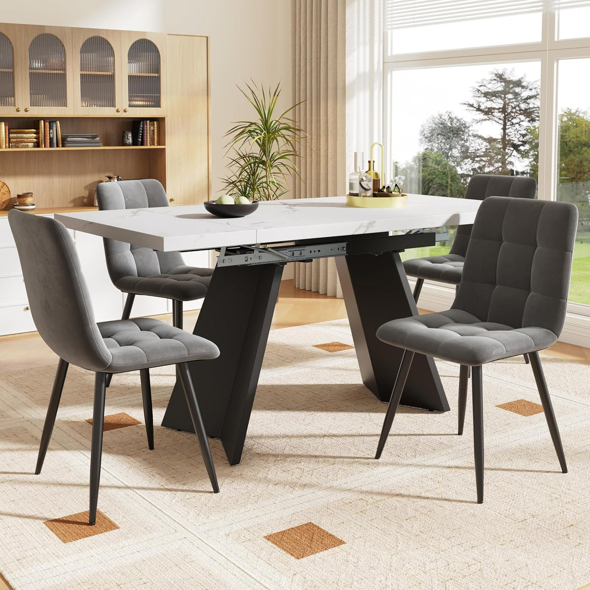Kebnor Set da pranzo, 5 pezzi, 4 sedie, 160 × 80 × 75 cm, Bianco, velluto, allungabile, per sala da pranzo e cucina