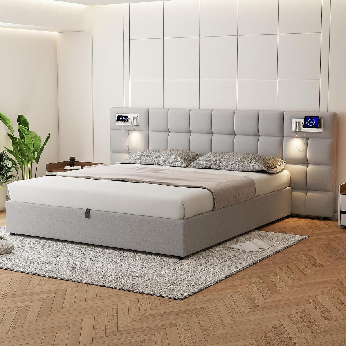 Dolamaní Letto matrimoniale contenitore 180 × 200 cm, Grigio, lino, rete a doghe, senza materasso