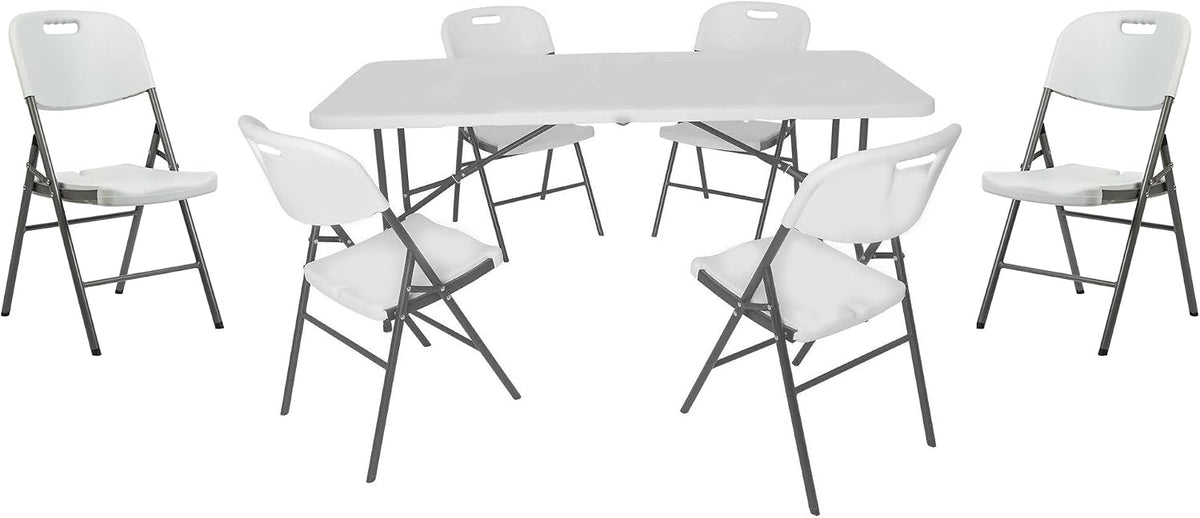 Set da pranzo XONE, 6 sedie, Bianco, 180 × 76 × 73cm, 85 × 45 × 50cm, metallo, resina, pieghevole, per giardino e terrazzo