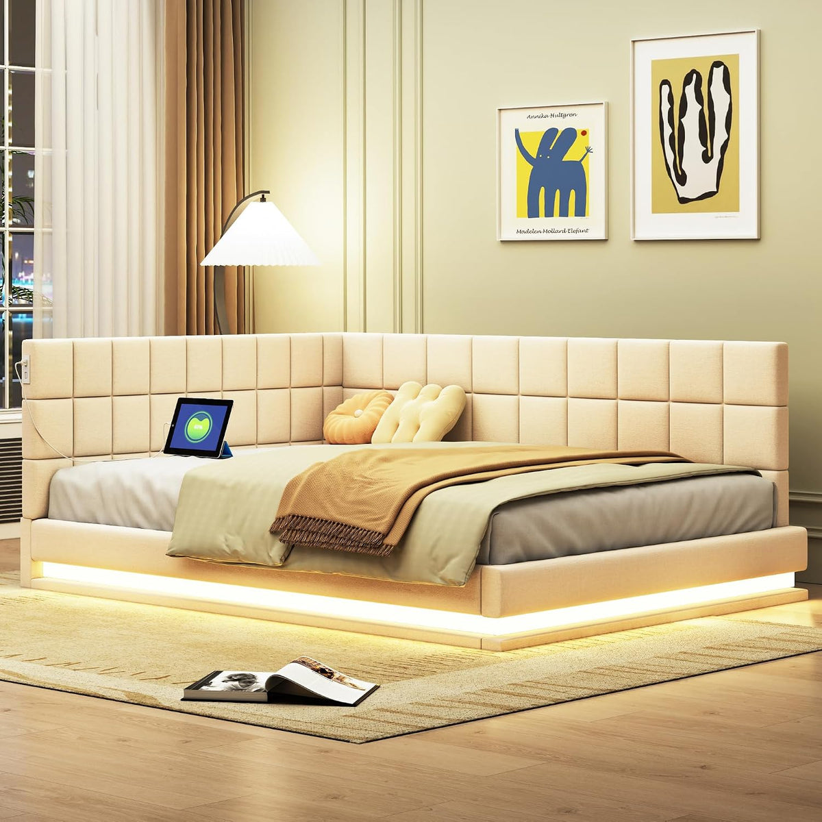 Divano letto NovaFurnish, Beige, 140 × 200 cm, velluto, tessuto, con rete a doghe, imbottito, per soggiorno