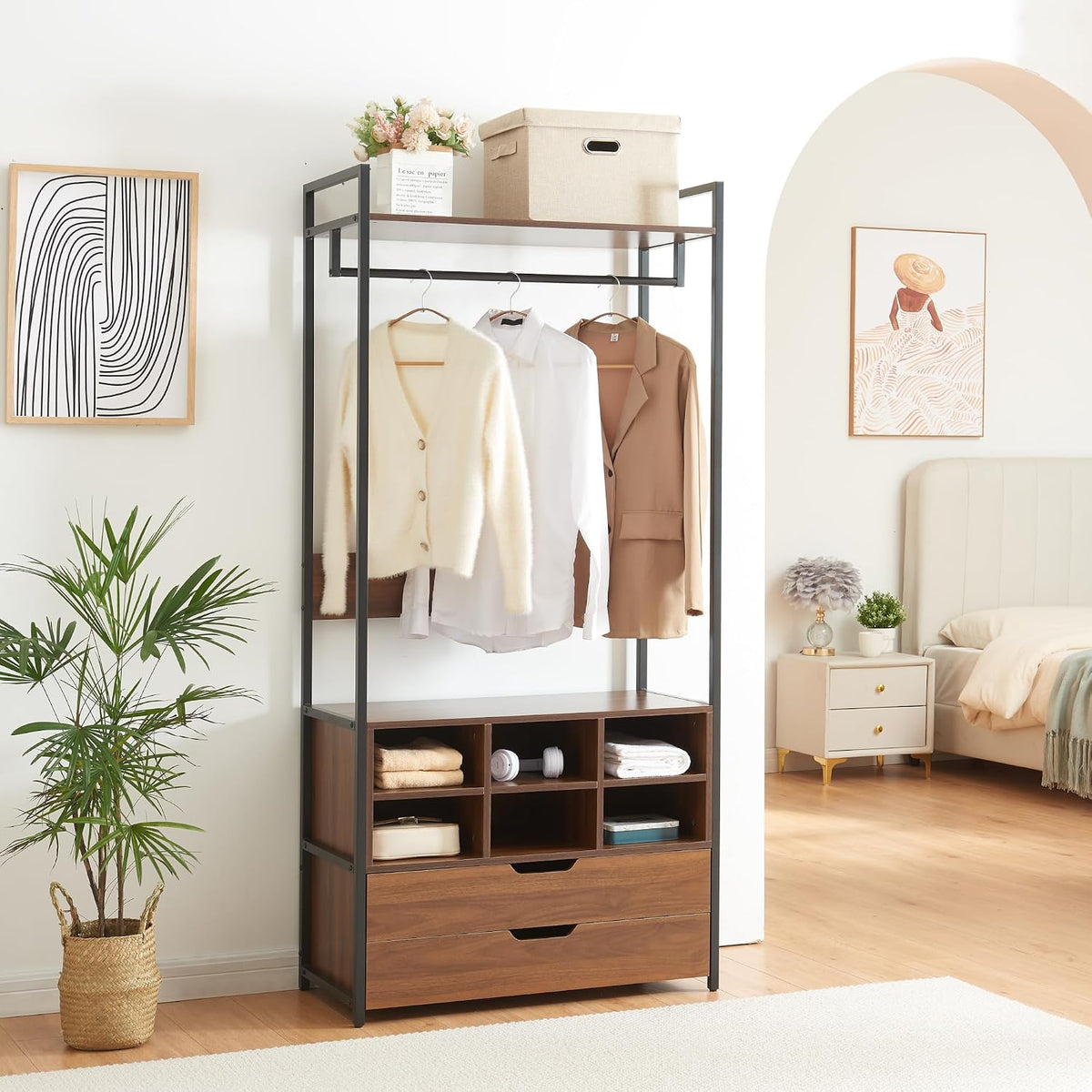 Armadio guardaroba en.casa, 180 × 80 × 40 cm, Nero/Noce, legno, per camera da letto