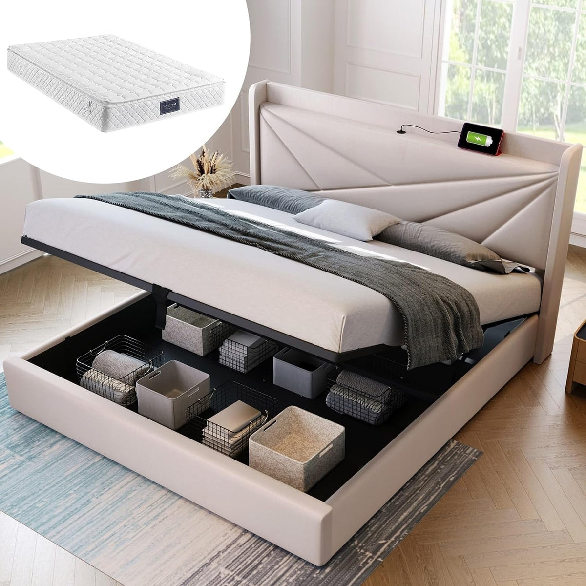 Letto KnSam, matrimoniale, 160 × 200 cm, legno, materasso incluso, con rete a doghe, con porta USB, imbottito, per camera da letto