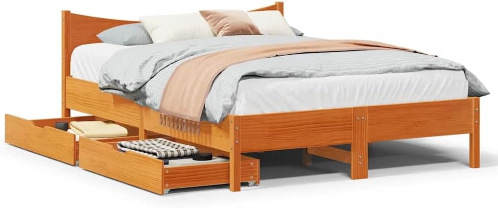 FWIKDUN Struttura letto, 140 × 200 cm, Marrone, legno massello, per camera da letto