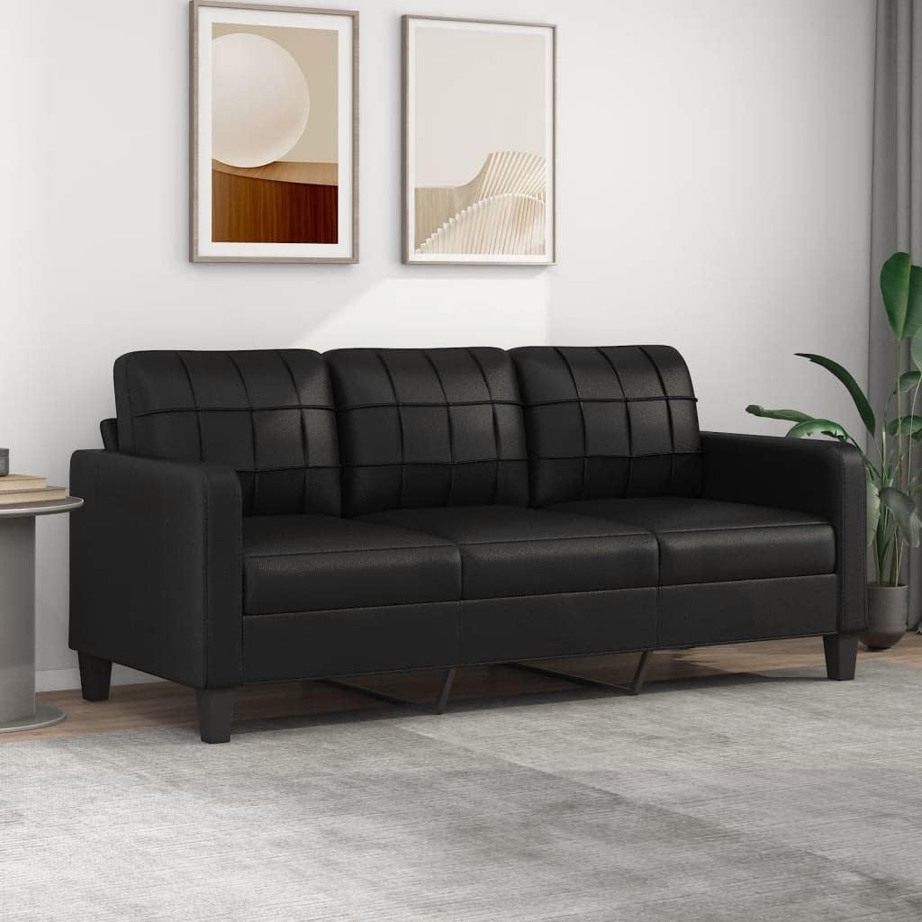 Divano Gecheer, 198 × 77 × 80 cm, Nero, 3 posti, similpelle, per soggiorno