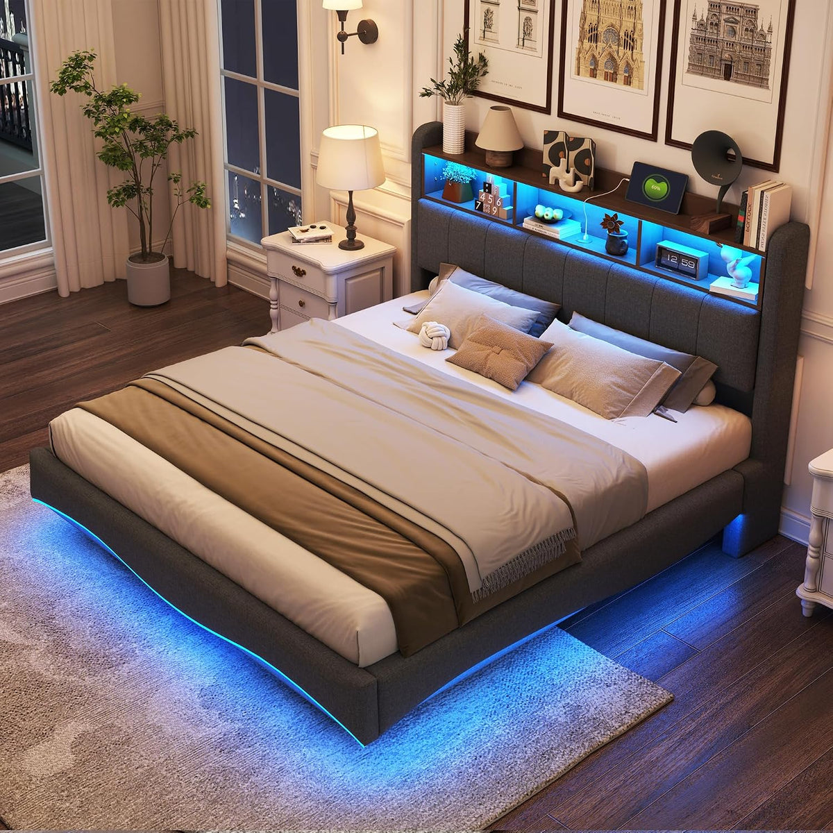 Letto KEYIDE, con rete a doghe, con porta USB, imbottito, 160 × 200 cm, matrimoniale, Grigio, lino, con testiera, materasso non incluso