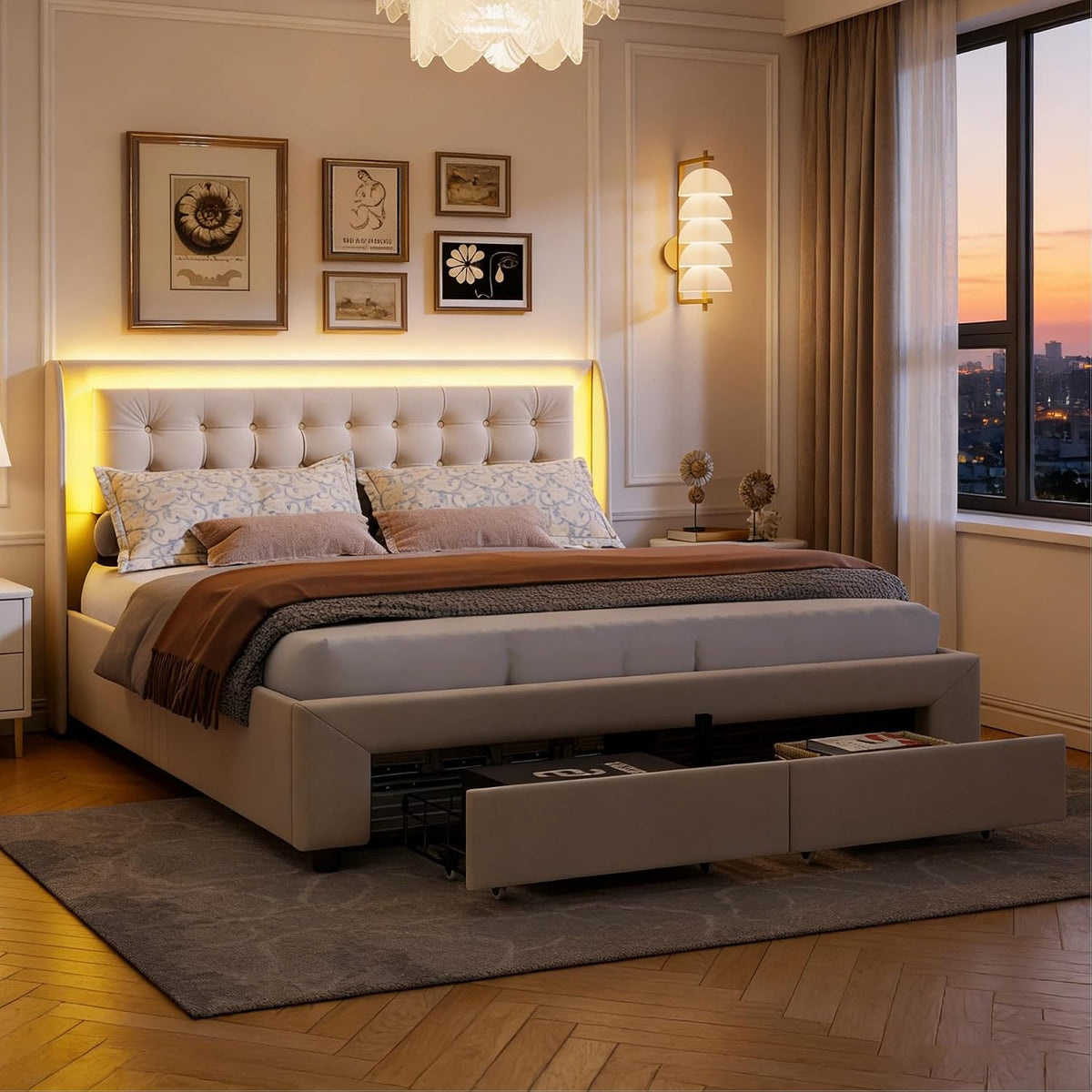 Letto BRILVERDE, matrimoniale, Beige, 140 × 190 cm, velluto, con testiera, con contenitore, con rete a doghe, imbottito, per camera da letto