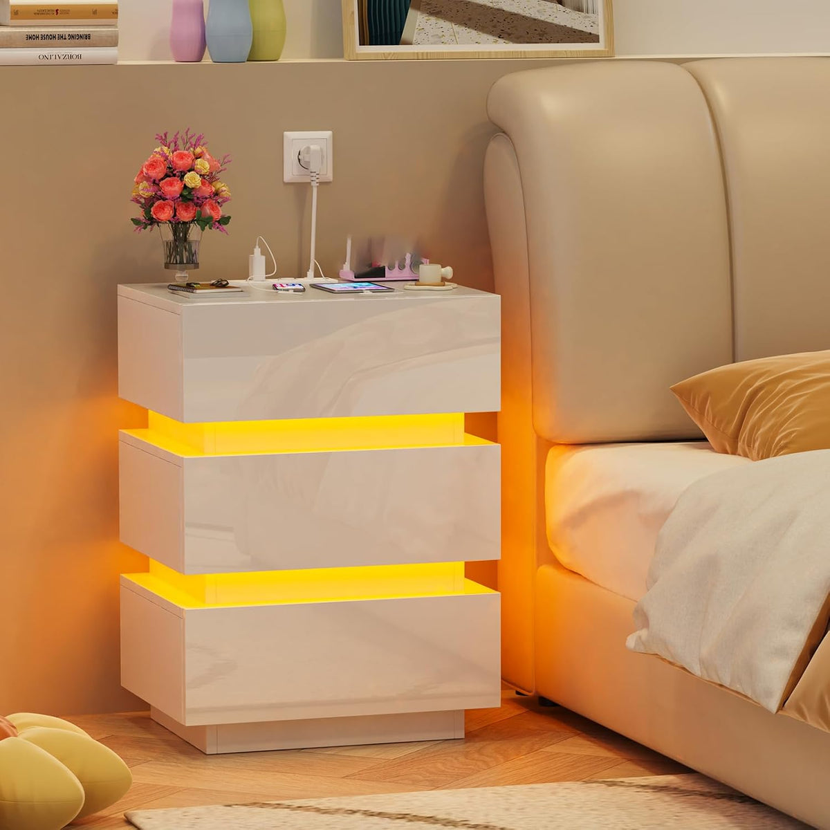 Comodino Ysgwsg, 45 × 35 × 62cm, Bianco, 3 cassetti, con porta USB, per camera da letto