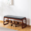 Scarpiera con panca SOBIBO, con cuscino, 90 cm, 2 ripiani, Nero, legno massello, pelle, per soggiorno