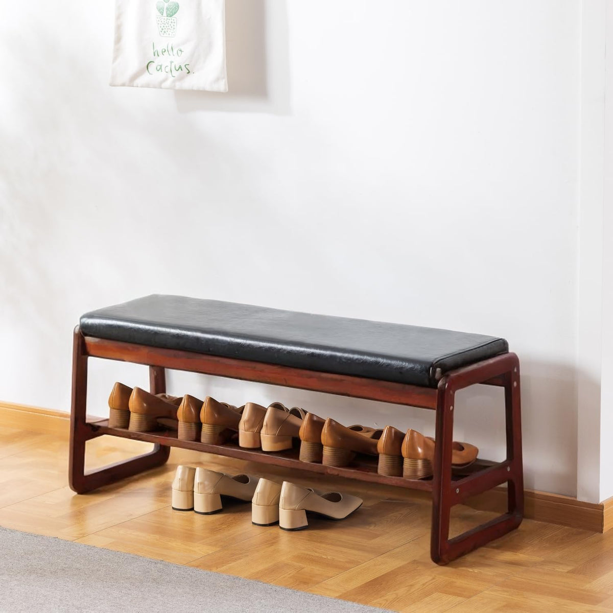 Scarpiera con panca SOBIBO, con cuscino, 90 cm, 2 ripiani, Nero, legno massello, pelle, per soggiorno