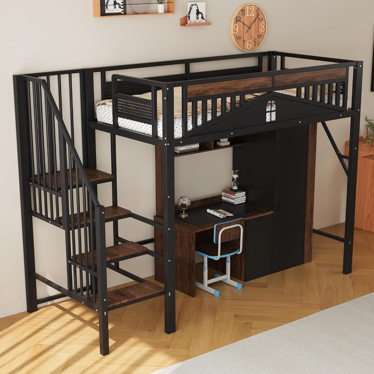 VIEKOS Letto a soppalco, 90 × 200 cm, Nero, metallo, tessuto, per camera da letto
