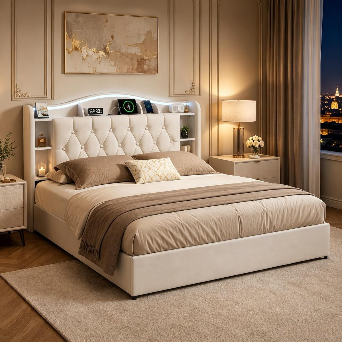 Letto YGHQAP, con contenitore, con rete a doghe, imbottito, 160 × 200 cm, matrimoniale, Beige, legno, velluto, materasso non incluso
