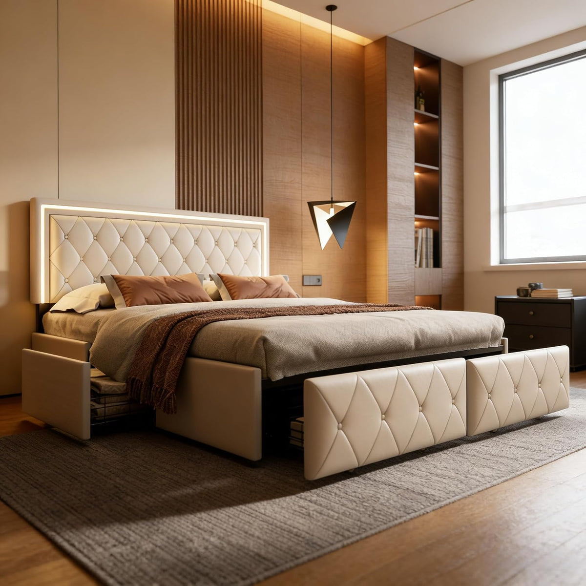 Letto BRILVERDE, 160 × 200 cm, Beige, 3 cassetti, matrimoniale, con contenitore, con rete a doghe, imbottito, legno, per camera da letto
