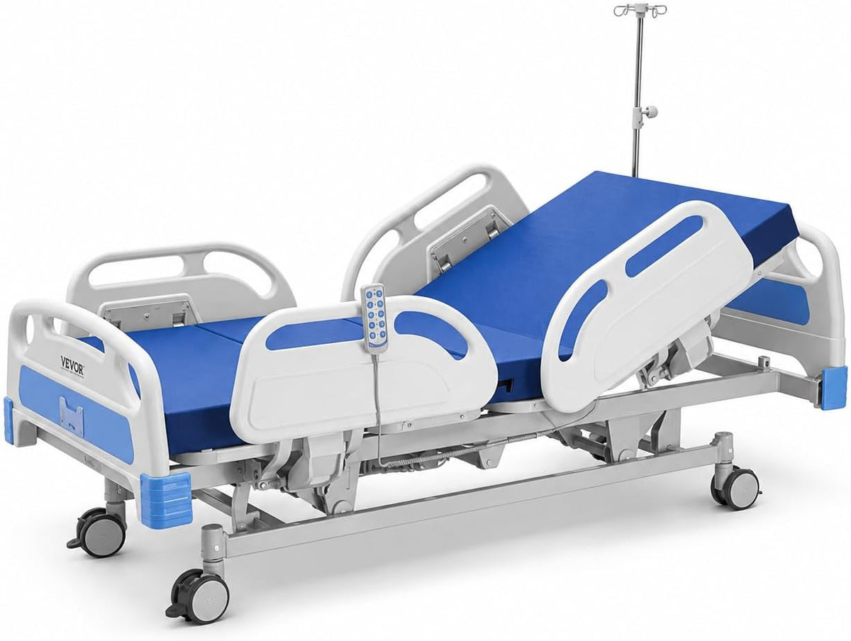 VEVOR Letto ospedaliero elettrico a 5 funzioni, 550 lb, materasso 10 cm, ruote 5 pollici, Trendelenburg