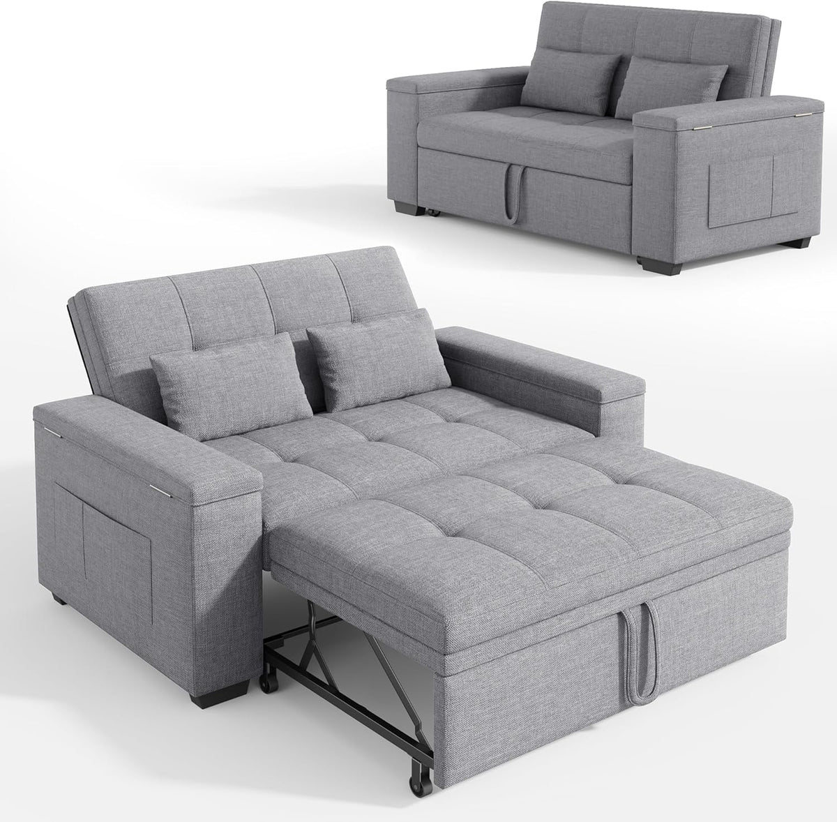 Divano letto Xbro, 2 posti, 3 in 1, Grigio chiaro, 175 × 116 cm, 156 × 74 × 84 cm, lino, con cuscini, trasformabile, per soggiorno