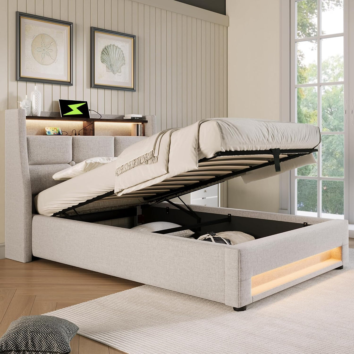 Letto KUAKE, con contenitore, con rete a doghe, con porta USB, imbottito, 90 × 200 cm, singolo, Grigio/Beige, legno, per camera da letto