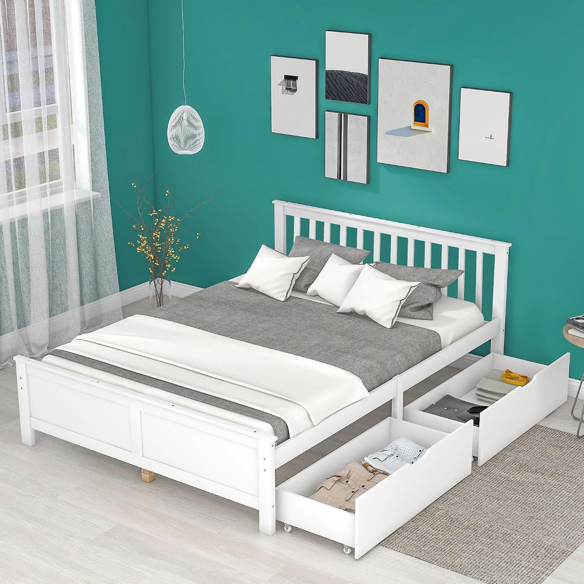 Struttura letto BENMWS, 140 × 200 cm, Bianco, matrimoniale, legno, per camera da letto
