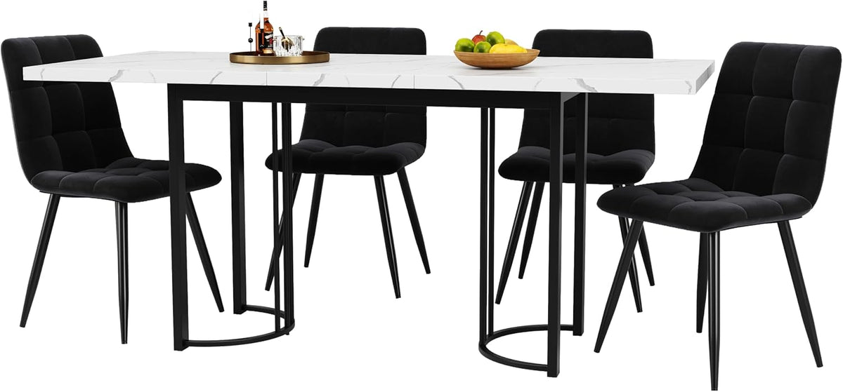 Kelodan Set da pranzo, 5 pezzi, Nero/Bianco, metallo, velluto, allungabile, per sala da pranzo e cucina