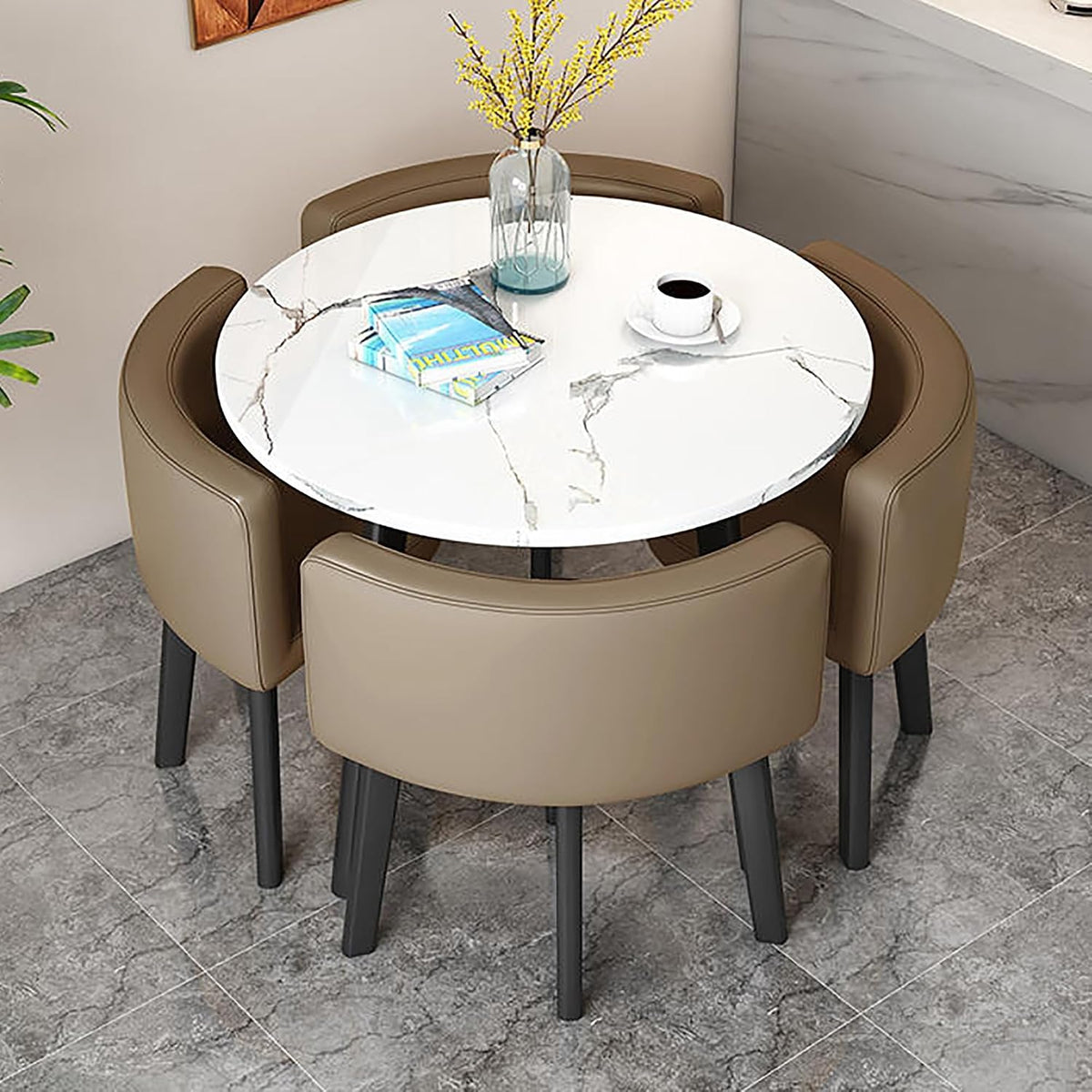 Set tavolo rotondo in marmo artificiale con 4 sedie imbottite, struttura in ferro, per reception e ufficio