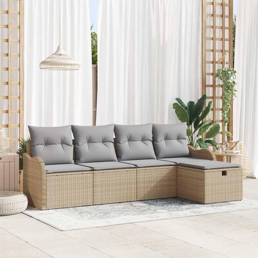 Set di divani YUTAASU, Beige/Grigio chiaro, 5 pezzi, rattan, con cuscini, per giardino e terrazzo