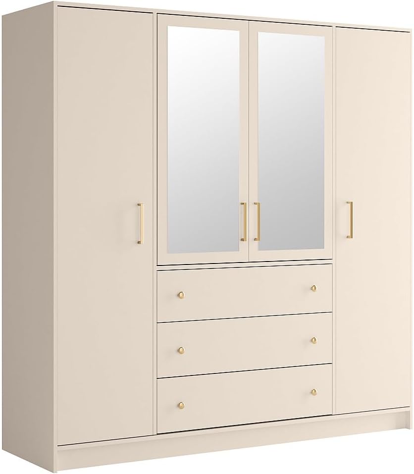 Armadio Vente-unique, L196, LIZANDRO, 196 × 58 × 200 cm, Beige/Oro, 4 ante, 3 cassetti, legno