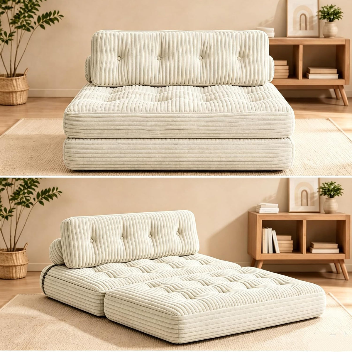 Divano letto Xbro, 180 × 130 cm, Beige, 2 posti, matrimoniale, pieghevole, con poggiatesta, velluto, per soggiorno