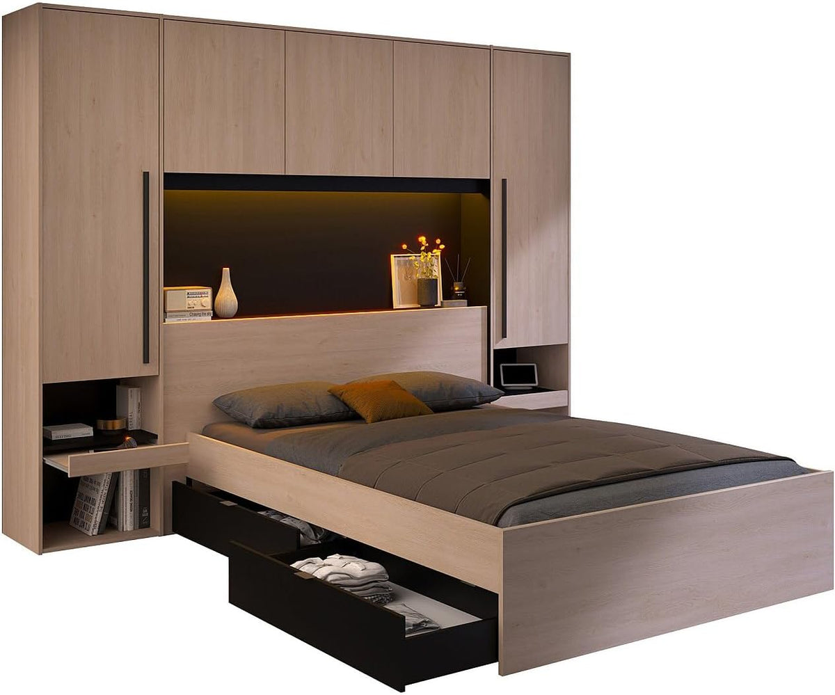 Letto Vente-unique, VELONA, LED 140, 140 × 190 cm, Nero, per camera da letto