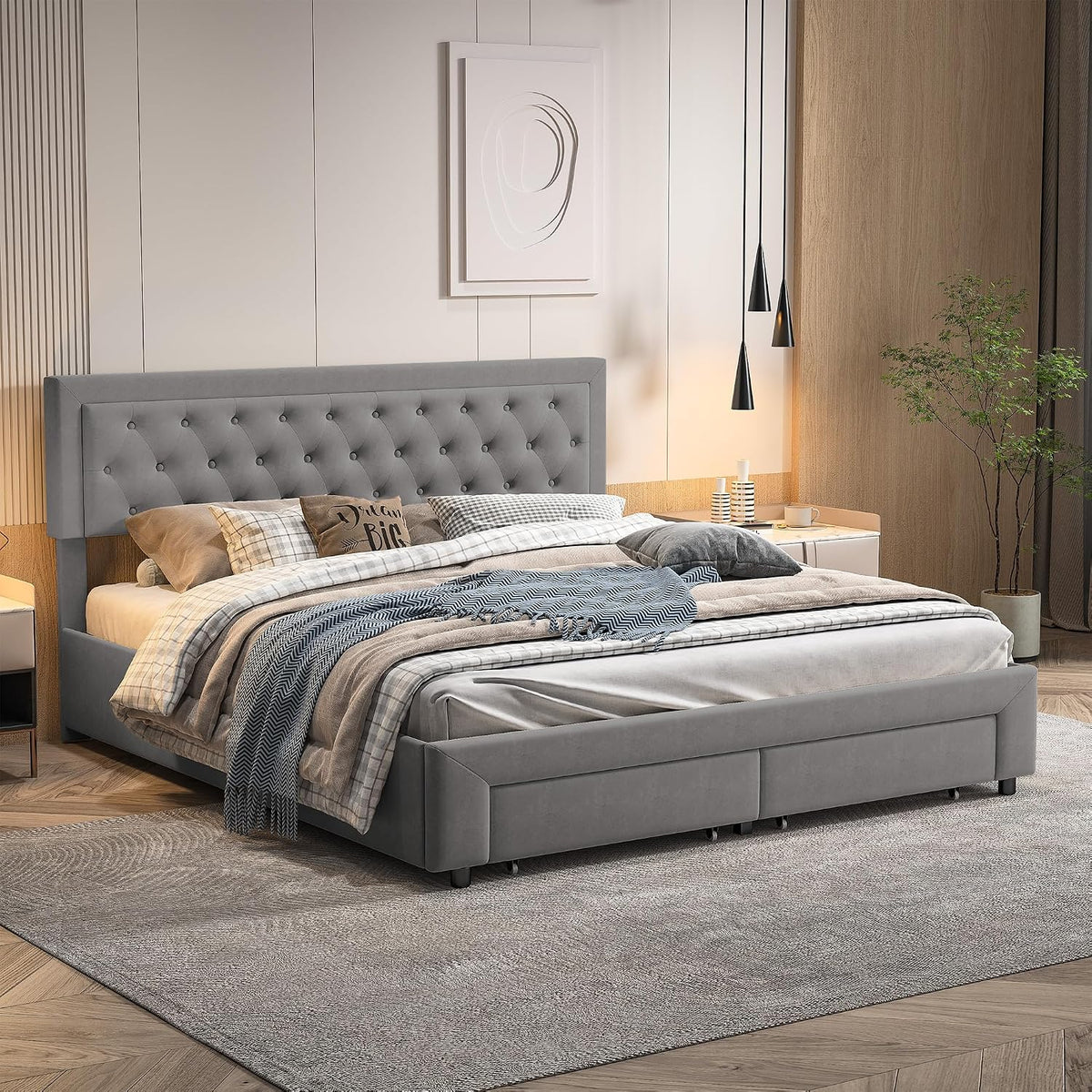 Letto JiaOyu, matrimoniale, Grigio, 180 × 200 cm, velluto, con testiera, materasso non incluso, con rete a doghe, imbottito, per camera da letto