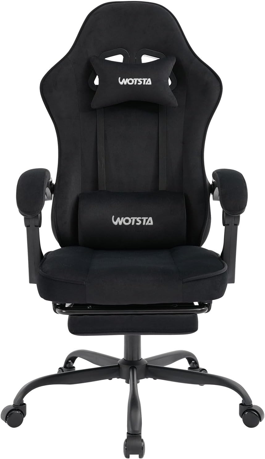 WOTSTA Sedia gaming, Nero, tessuto, regolabile, con poggiapiedi, con poggiatesta, ergonomica, per ufficio