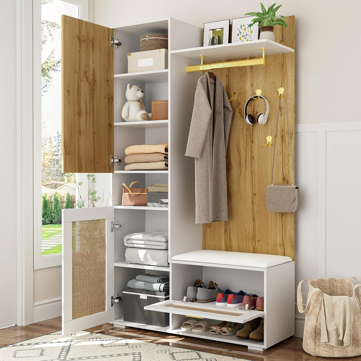Appendiabiti Moimhear, con illuminazione LED, 110 × 38 × 190 cm, legno